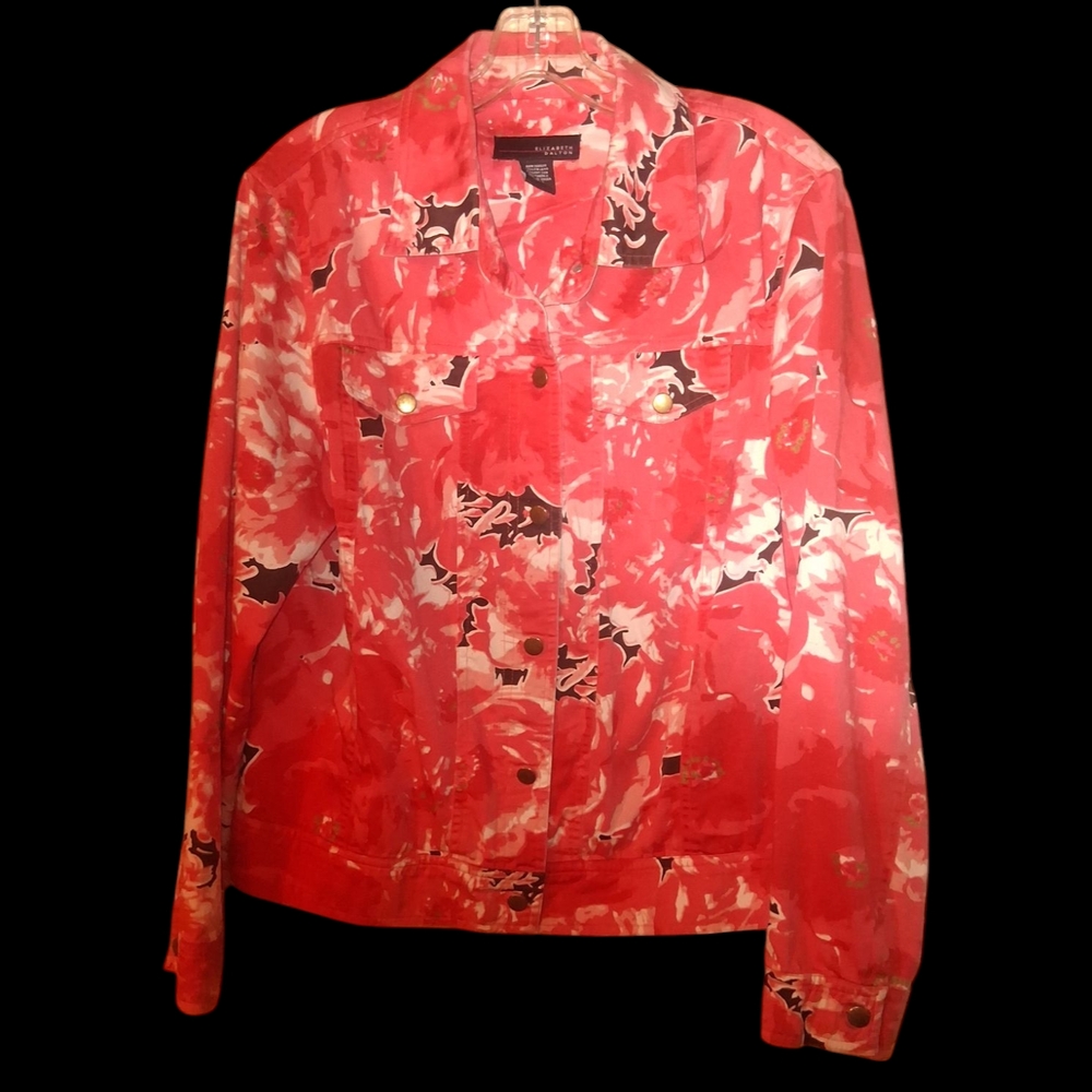 Coral and Black Floral Jean Jacket with Relaxed Fit Size 8